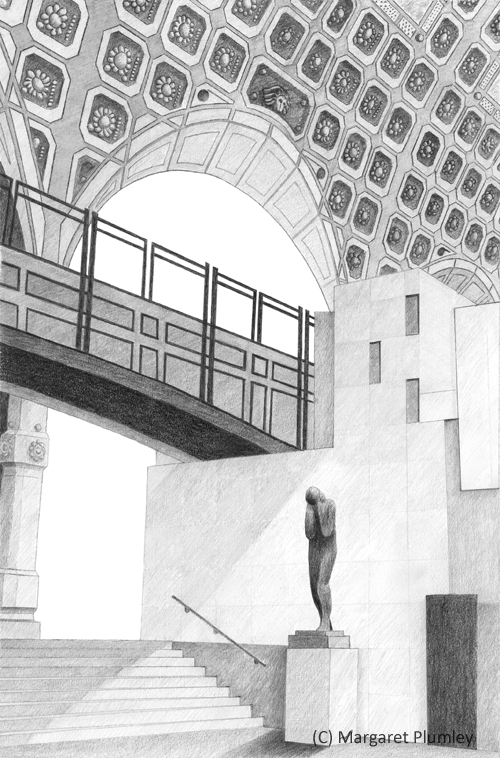pencil drawing of the interior of Musee D'Orsay, Paris'