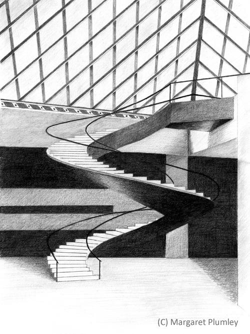 pencil drawing of the grand spiral staircase in the Louvre Museum, Paris'