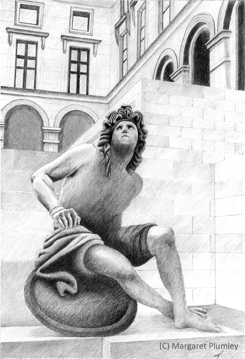 pencil drawing of a statue in the Louvre Museum,Paris'