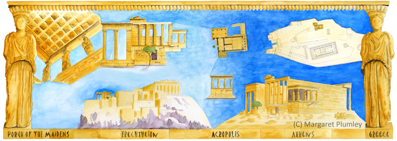 watercolor painting showing the architecture of the Porch of the Caryatids, Athens, Greece